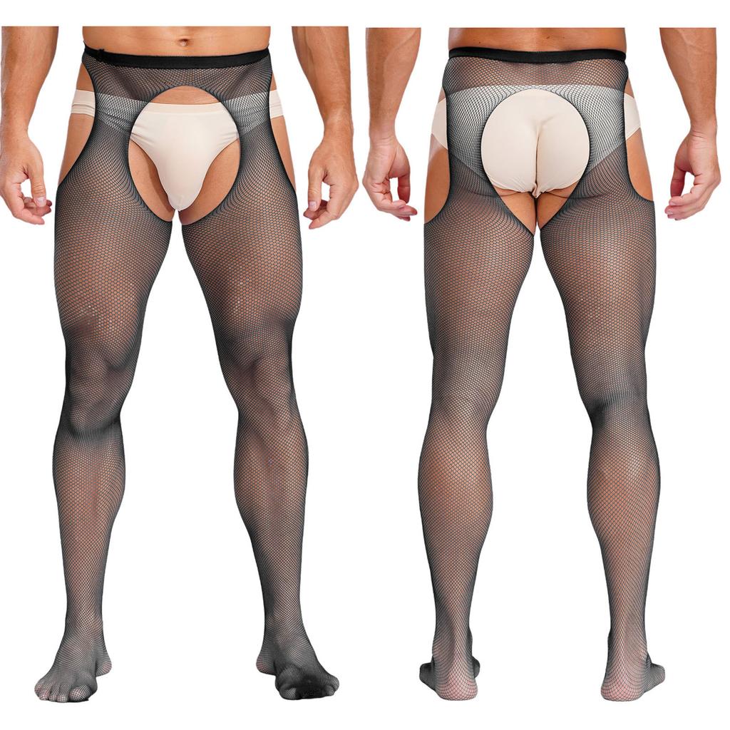 Mens Mid Waist Hollow Out Cutout Opening Crotch Tights Stockings Leggings Elastic Waistband Pantyhose