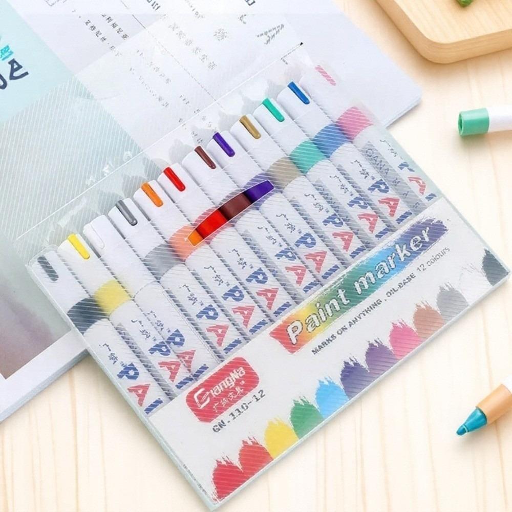 12Pcs Waterproof Oil Paint Marker Pens Colorful Fine Tip Markers  Student Stationery 12pcs