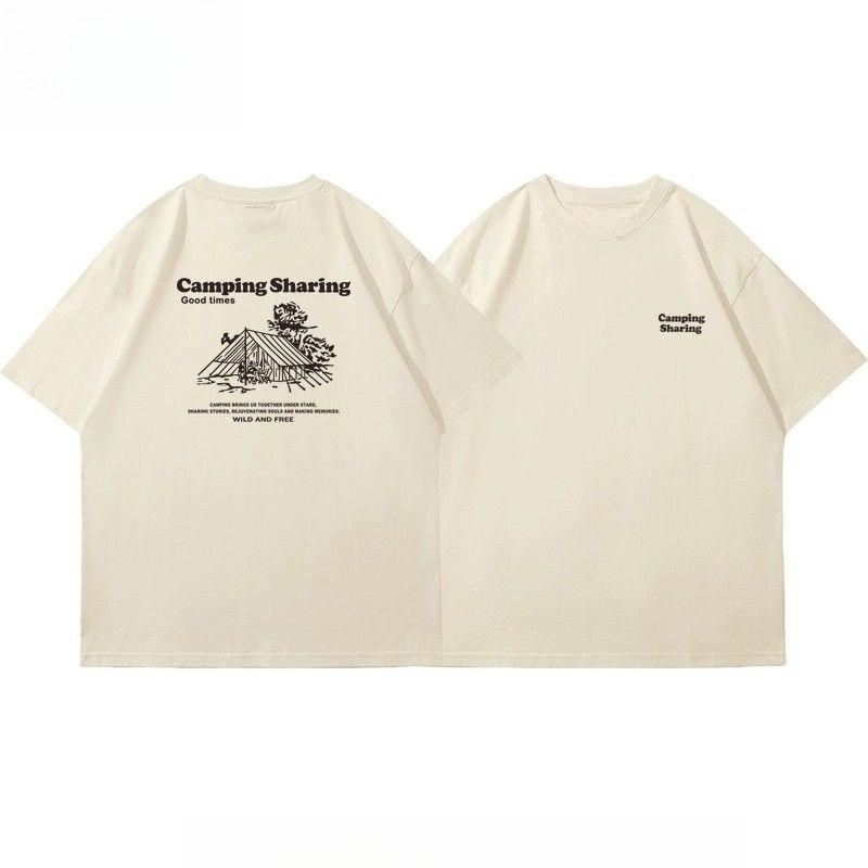 Vintage Outdoor Camping Printed Short Sleeve Tshirt Unisex Summer Loose Pure Cotton Breathable Teen Commuter Half Sleeve