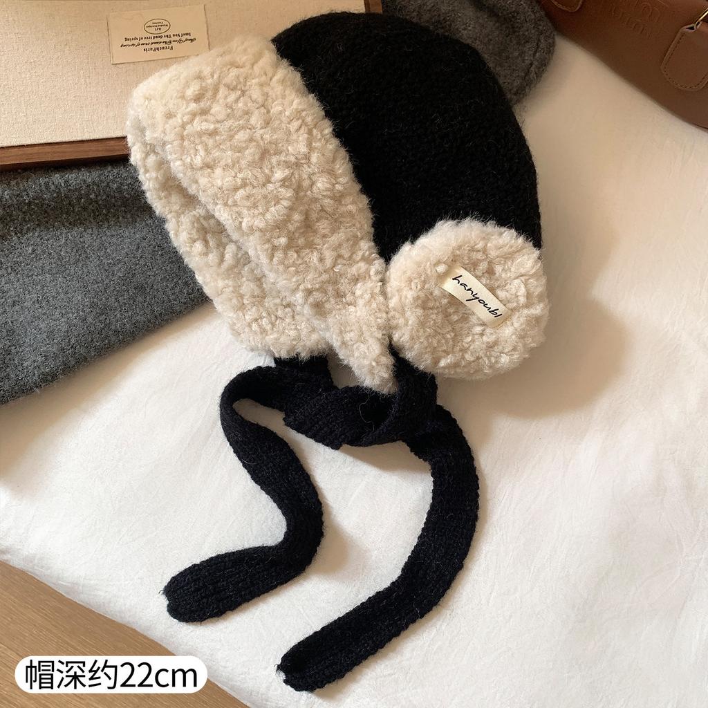 Gorro de lana con orejeras rojas, grueso y de felpa, para mujer, otoño e invierno, circunferencia de cabeza grande, cálido, tejido, sombrero Lei Feng de Año Nuevo