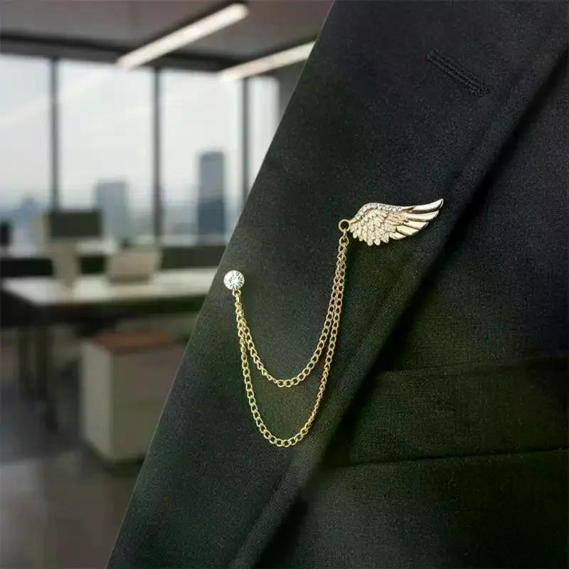 Angel Wings Tassel Chain Lapel Pin, Luxury Metal Feather Unisex Brooch Jewelry Gifts for Men Women