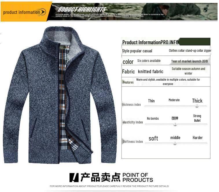 Men's Fleece-Lined Stand Collar Cardigan: Thick Knit Sweater for Autumn & Winter - Plus Size Available