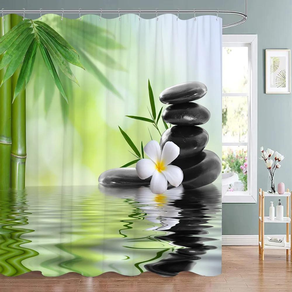 Tenda Doccia Zen Paesaggio di Loto Tenda Doccia Meditazione Pietre Zen Bambù Verde Fiore Pianta Tende Doccia Arredo Bagno