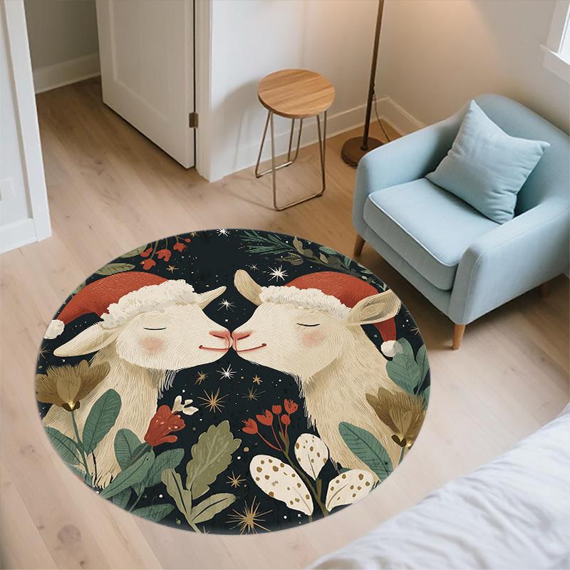 Symmetrical Animals in Grass,Round Area Rug,Carpet Rug for Living Room Bedroom Sofa Playroom Decor,Non-slip Floor Mat