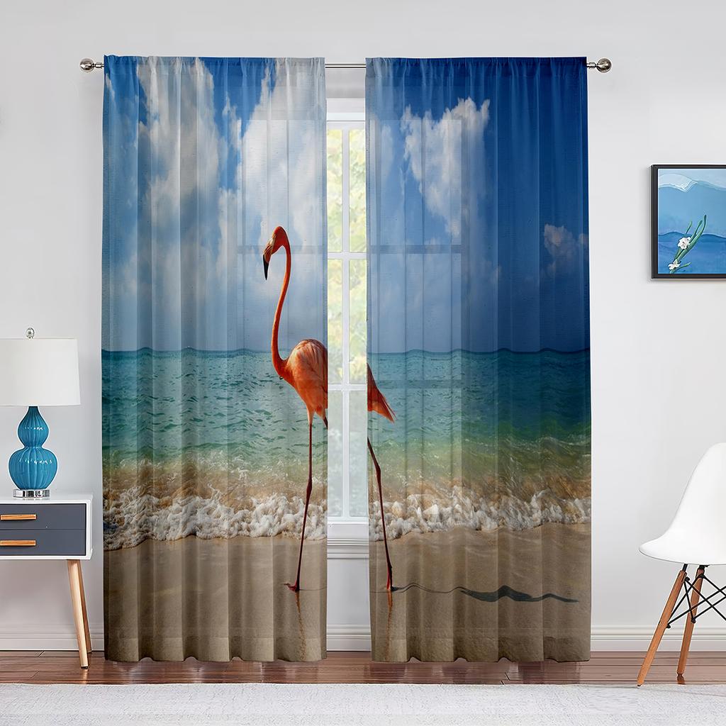 Flock Pink Flamingos In The Water Sheer Voile Curtains for Living Room Bedroom Kitchen Window Drapes Chiffon Tulle Curtain Decor