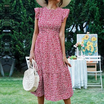 Vintage High-waist Floral Printed Dress For Women Summer Slim O-neck Flying Sleeve Dress Fashion Casual Ladies Dresses 26005