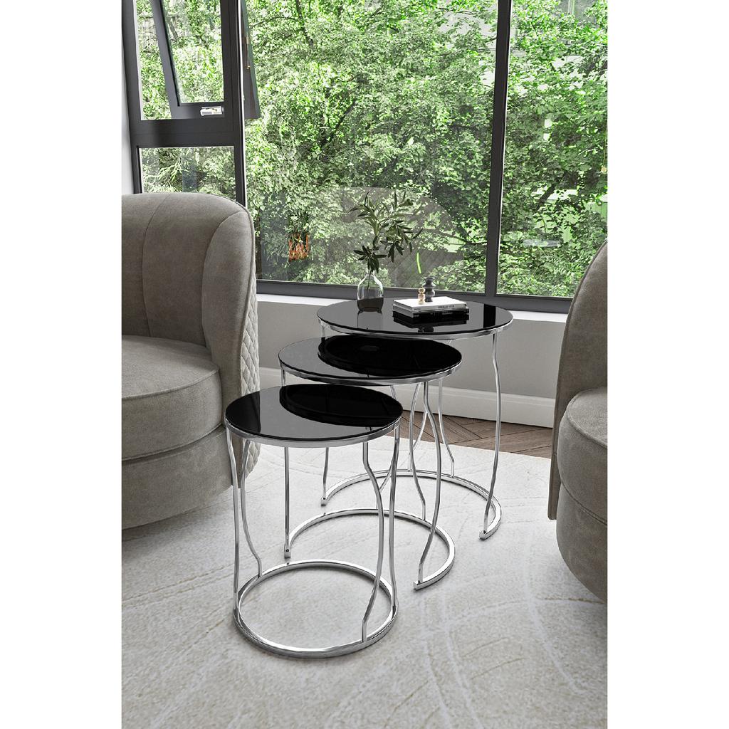 Dream 3-seat Nesting Coffee Table Silver Color Metal Leg Black Unbreakable Mirror