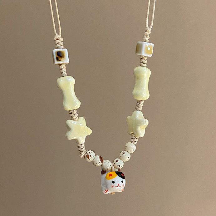 Sladký keramický kočičí hvězdný pletený lanový náhrdelník menšinový design sladký retro sladký cool dívčí náhrdelník módní šperky