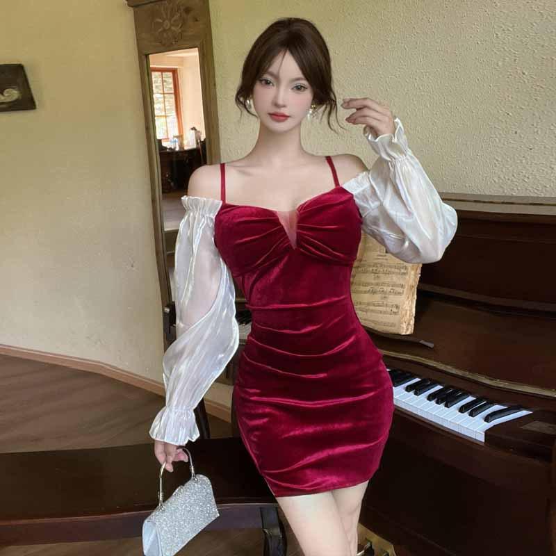 

Женское сексуальное платье MM из золотистого бархата контрастного цвета с открытыми плечами и подтяжками L красный