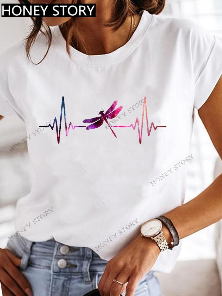 Dragonfly Butterfly Print Base Top Loose Women's Short-sleeved T-shirt Round Neck Oversized T Shirt  Women Clothes