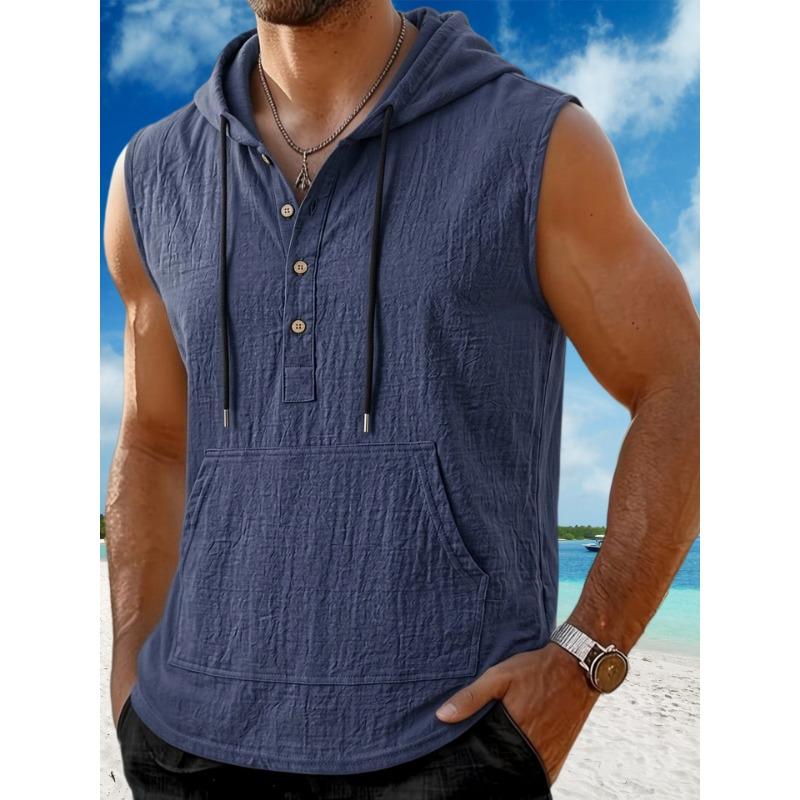 Men Hooded Drawstring Half Button Sleeveless Pocket Linen Vest