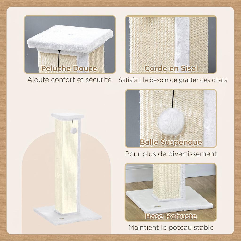 Cat Scratching Post, Sisal and Plush, Hanging Ball, 41 x 41 x 81 cm, White and Cream