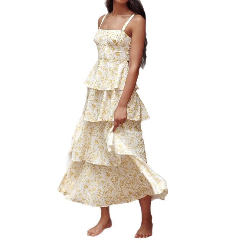 2026 Womens Floral Print Sleeveless High-Waist Tiered Midi Dress Vacation Casual Elegant Outfit