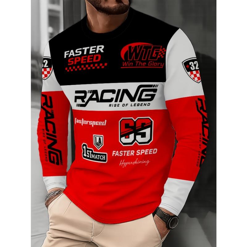 Men's Round Neck T-Shirt / Long Sleeve / Trendy Racing Element Print Top / Individual Letter Pattern Casual Wear