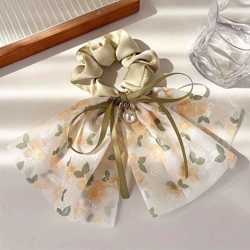 1pc Floral Bead Streamer Bowknot Hair Ties, High Ponytail Pill Hair Accessories, Holiday Gift