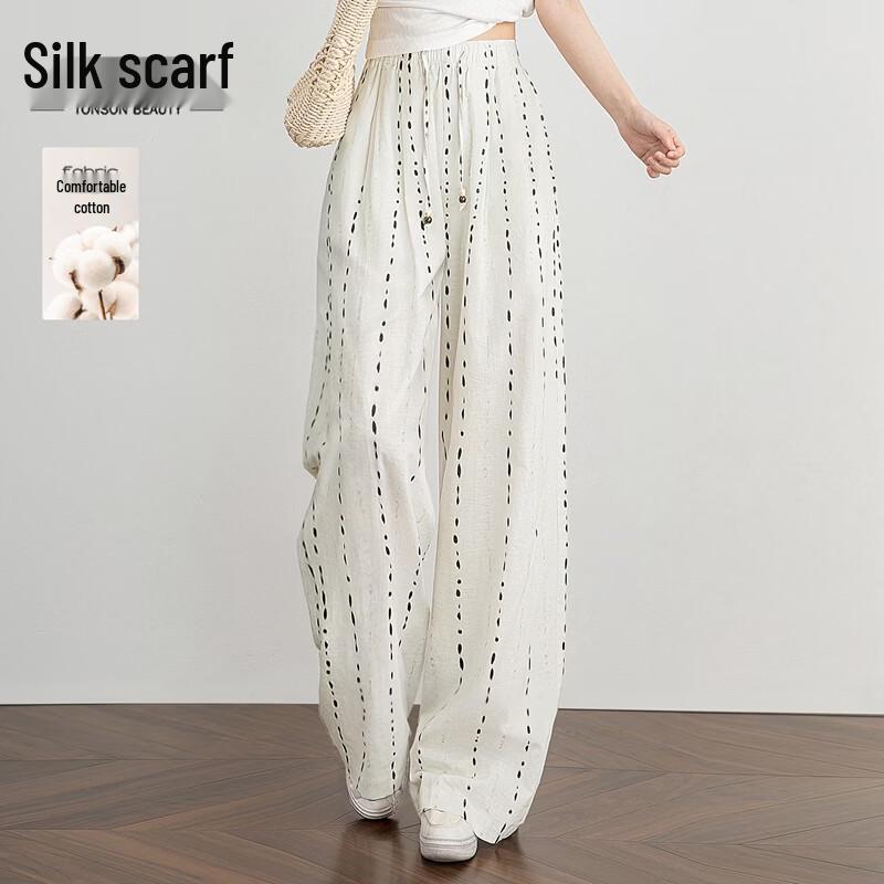 Women s Striped Linen Blend Loose Wide-Leg Casual Pants M