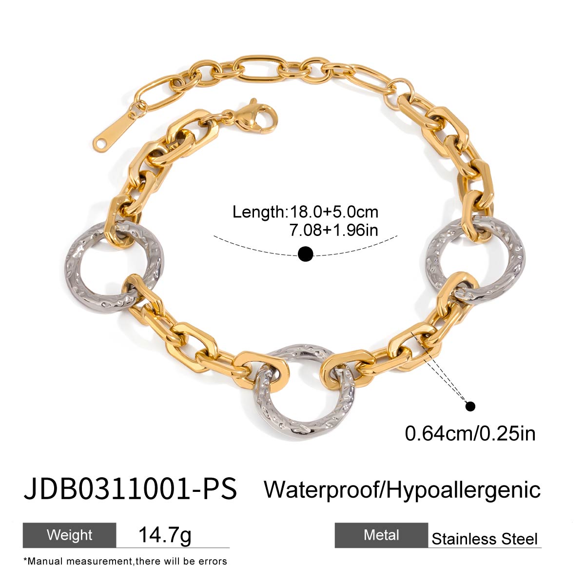 Youthway Новый Дизайн Нержавеющая Сталь Золотой Цвет Блочный Молоточковый Узор Круглый Браслет Ожерелье Женский Набор Украшений