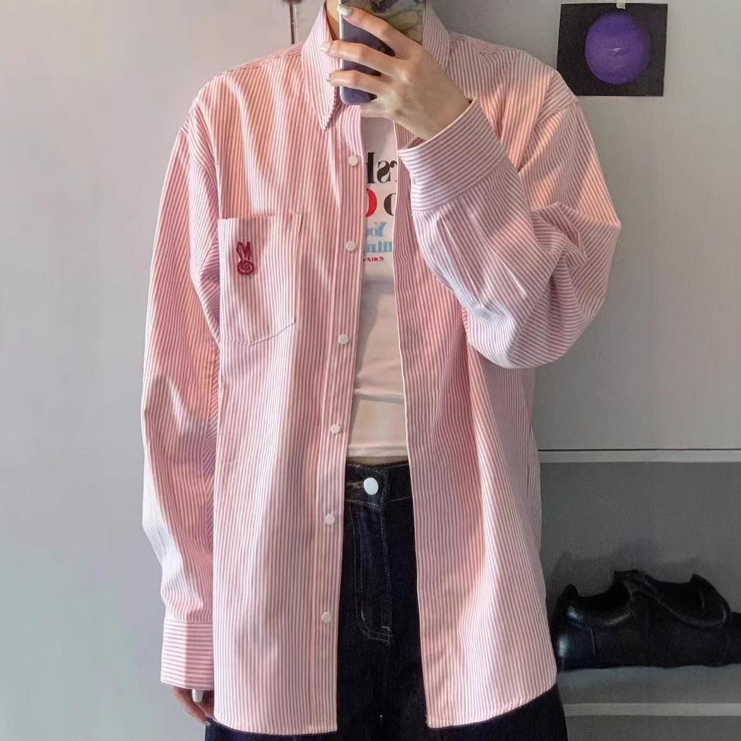 

Женская весенне-летняя розовая полосатая рубашка с японской вышивкой милого кролика - Новый дизайн в ленивом стиле XL розовый