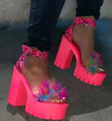 Fashion 2025 New Women Summer Collection Colorful Fluffy Coarse Heel Fashion Buckle High Heel Women's Square Heel Sandals
