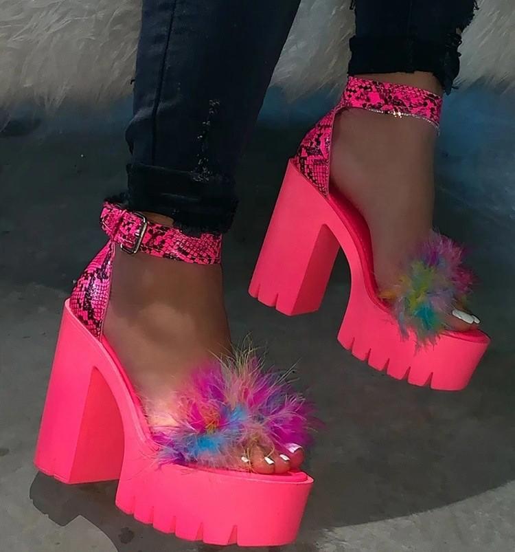 New Women Summer Collection Colorful Fluffy Coarse Heel Fashion Buckle High Heel Women's Square Heel Sandals