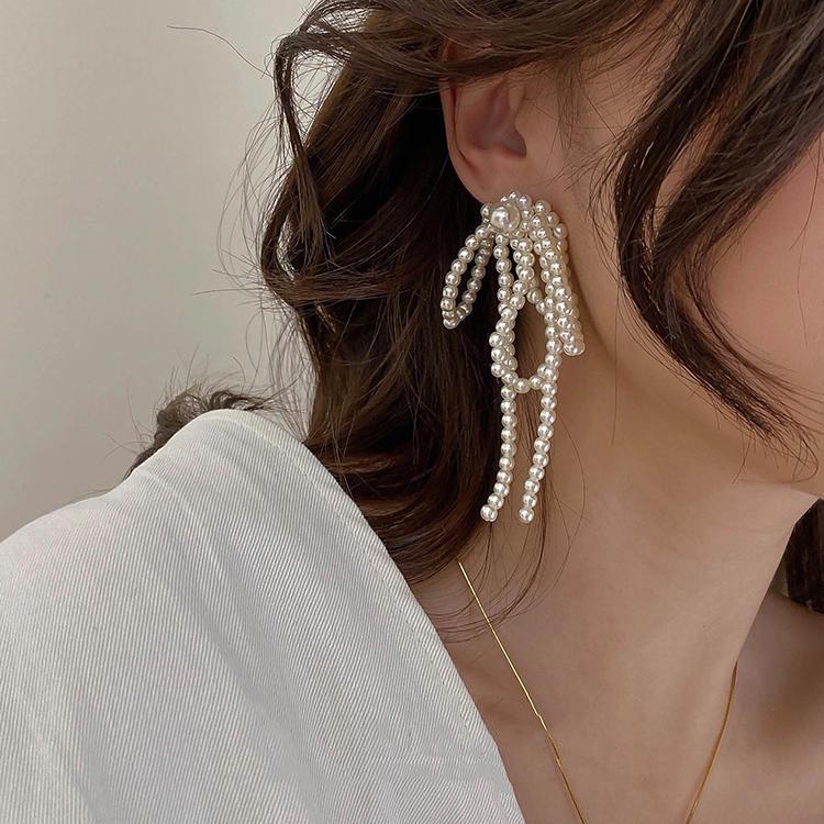 Korean Dongdaemun Style Long Pearl Bow Earrings - Influencer Super Fairy Exaggerated Dangle Design