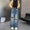 2026 Spring Plus Size High-Waisted Ripped Wide-Leg Jeans for Pear-Shaped Figures - Slimming, Loose, and Floor-Length