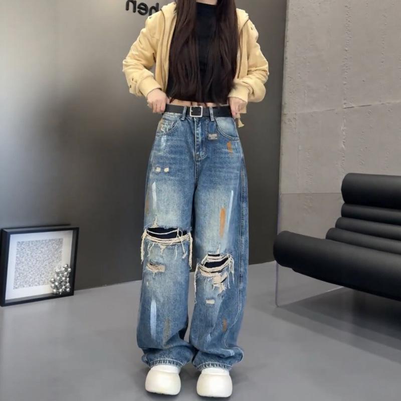 2026 Spring Plus Size High-Waisted Ripped Wide-Leg Jeans for Pear-Shaped Figures - Slimming, Loose, and Floor-Length