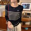 New Autumn Striped Sweater, Women's Long Sleeves, Base Slim Crew Neck Knitted Pony Embroidered Vintage Top