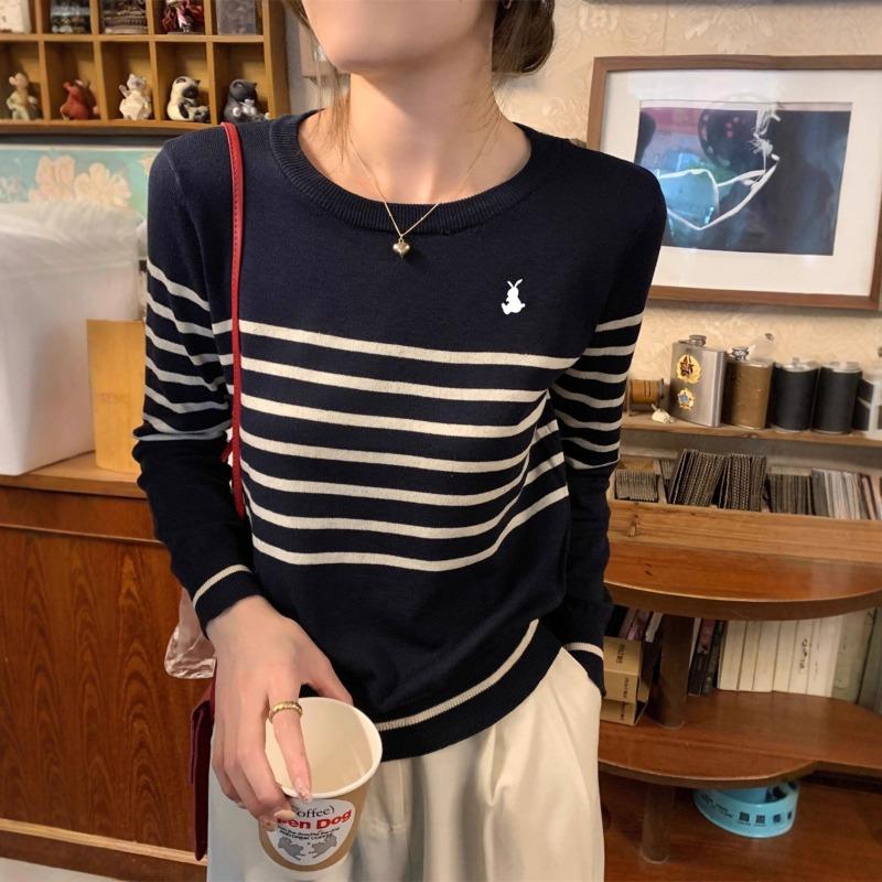 Chic temperament Early autumn crew neck retro high-end striped embroidered inner long-sleeved knitted bottoming shirt women's top