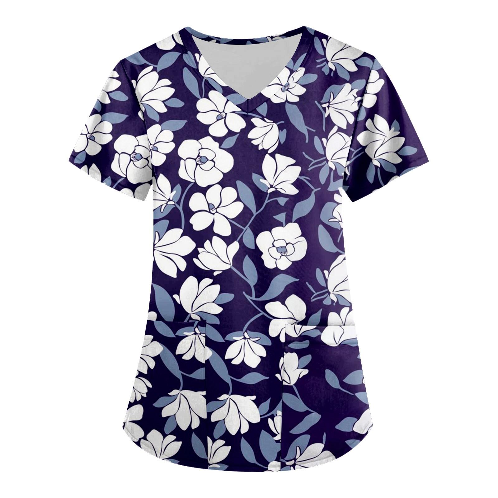 

Женские модные топы с короткими рукавами и V-образным вырезом с принтом, рабочие футболки с карманами XXL чёрный