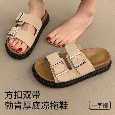 Thick-soled Cool Slippers Women's Summer Beach Shoes Fashion Square Buckle Double Belt Non-slip Boken One-word Drag