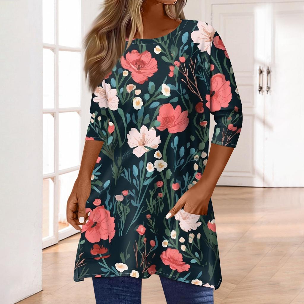 3/4-ermetopper for kvinner T-skjorte Casual Print Topper T-skjorte Rund hals Pullover Bluse