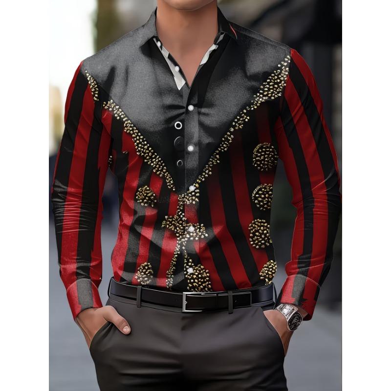 New Blue and White Gradient Geometric Lines Men's Long Sleeved Shirt, Light Luxury Slim Fit Commuting Casual Shirt