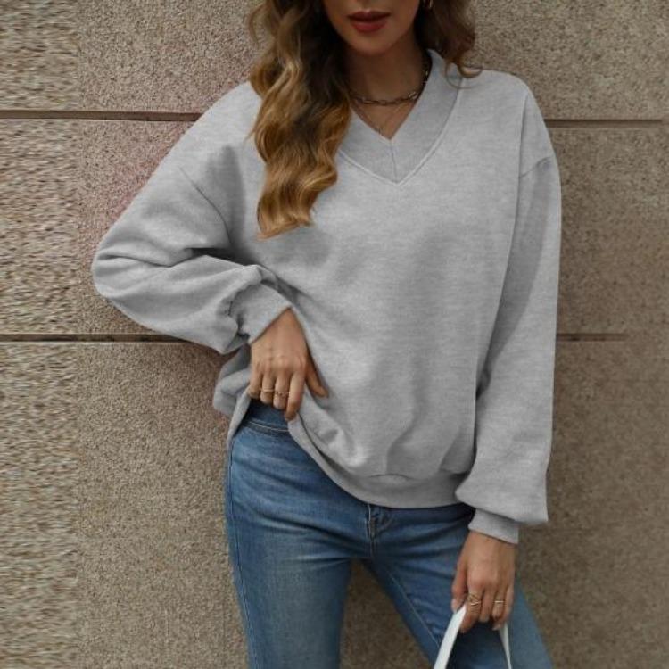 Fall Casual Drop Shoulder V Neck Oversized Sweatshirts Womens Fleece Long Sleeve Pullover Top Outfits