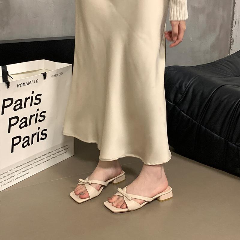 Satin bow sandals summer new silver with skirt thick heel sandals