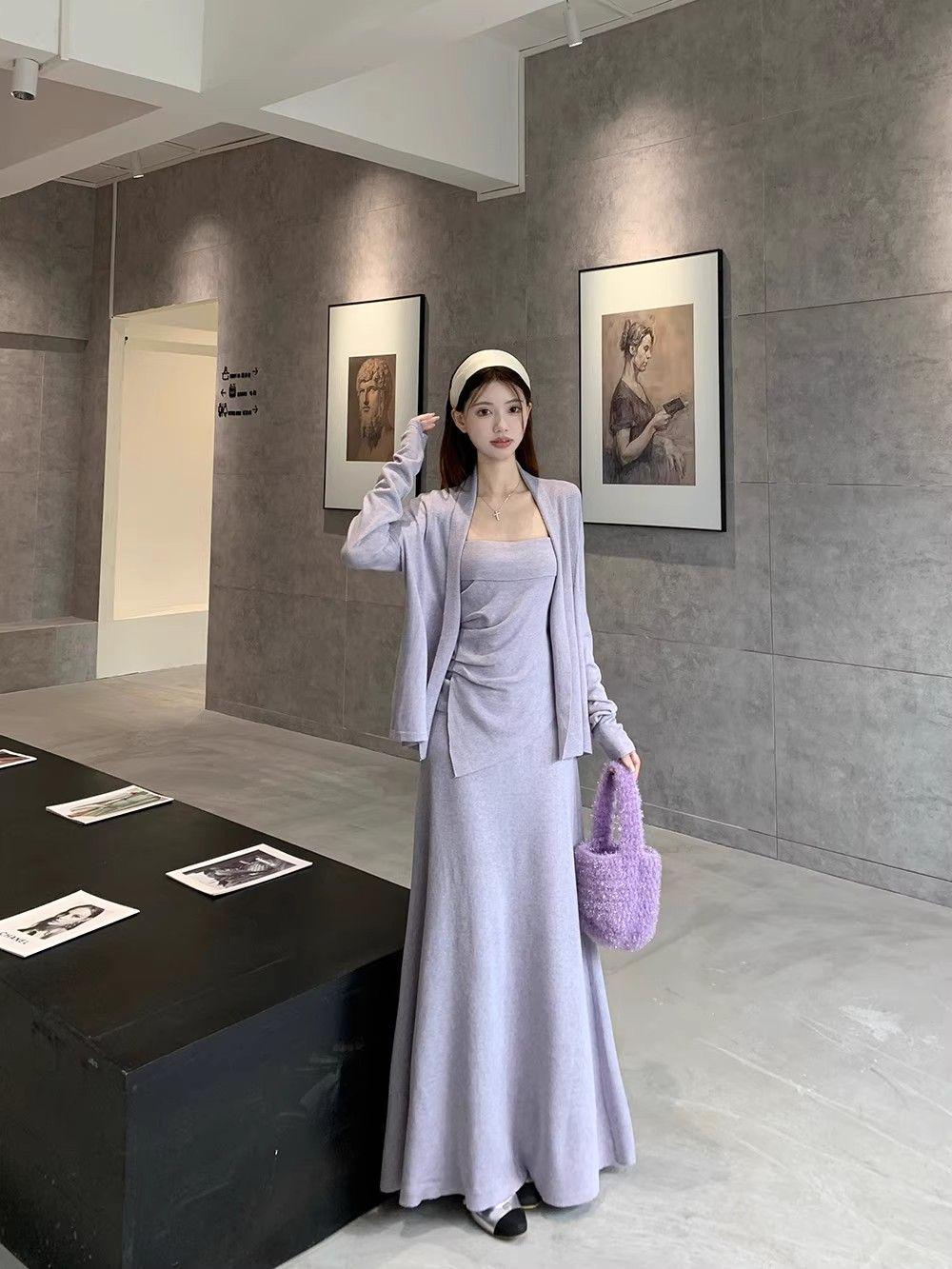 

Women s Trendy Autumn Set 2026: Ruched Strapless Tank, Long-Sleeve Cardigan, High-Waisted Skirt M