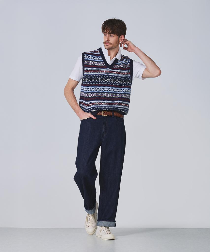 Geonjiulleunseu Grand Roque Fair Isle Cotton V-Neck Vest - Navy