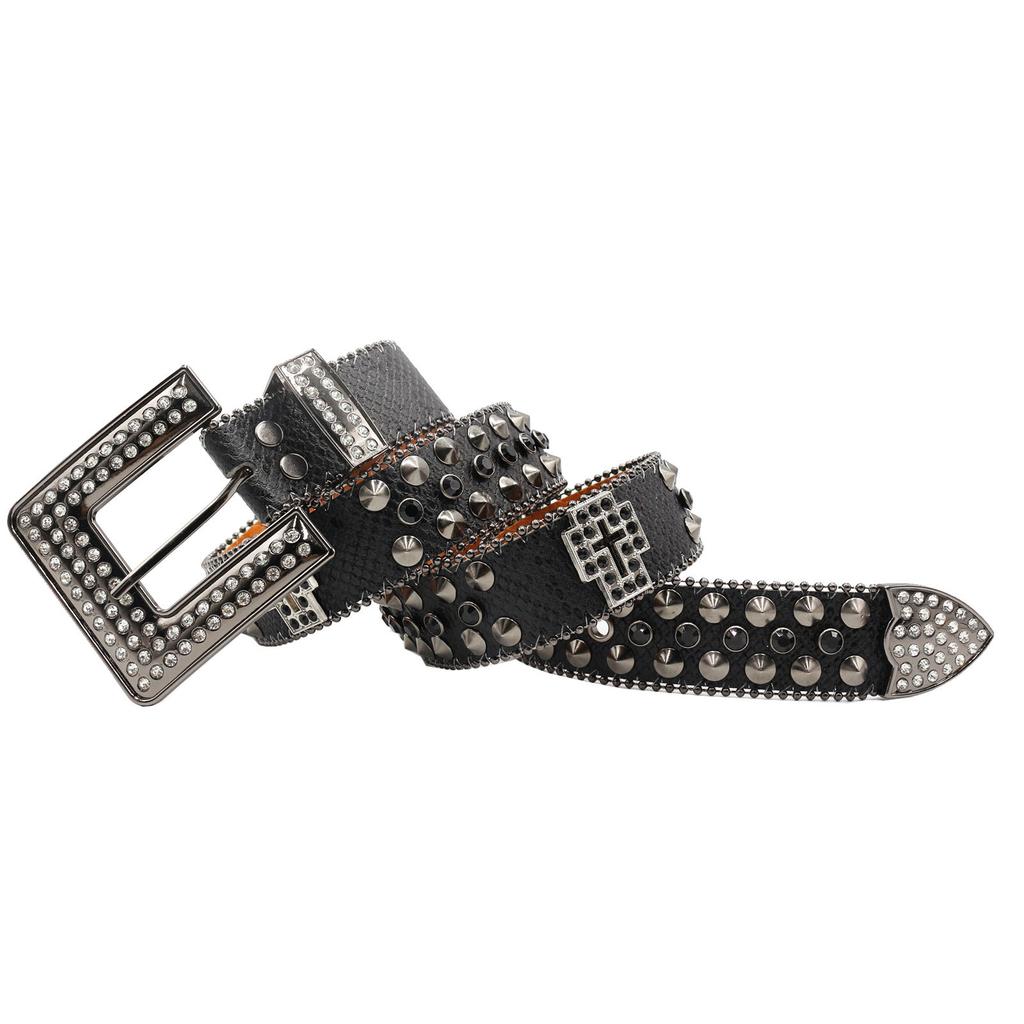 Men's Belt Waist Seal Gun Color Brightly Inlaid with Glass Rhinestones Crocodile Pattern Personality Trendy Style