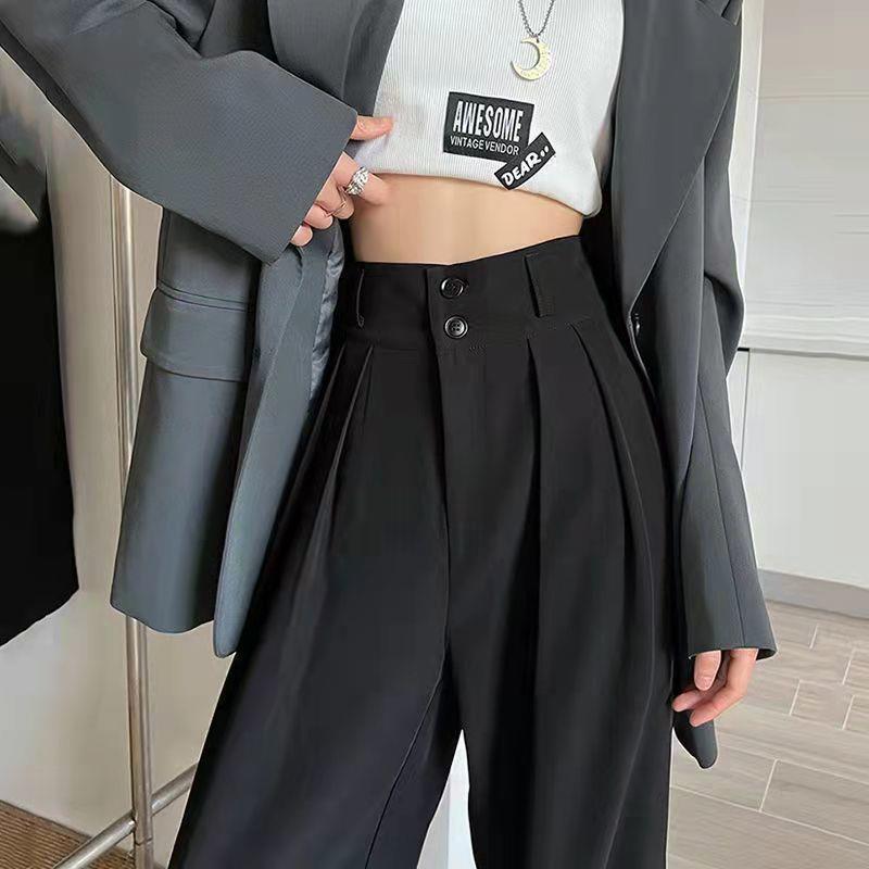 Gray High-Waisted Wide-Leg Pants for Women - Spring Plus Size, Drapey Straight Casual Suit