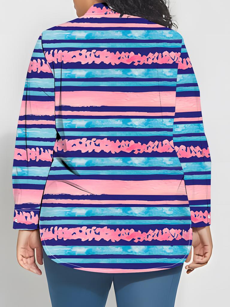 Plus size women's long-sleeved shirt striped style loose printed shirt blue and pink contrast mid-length long-sleeved lapel shirt for women