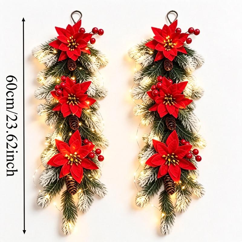 2PCS 60cm Artificial Christmas Hanging Vine Garland Poinsettia Pine Cone Red Berry Teardrop Rattan DIY Xmas Door Wall Decor