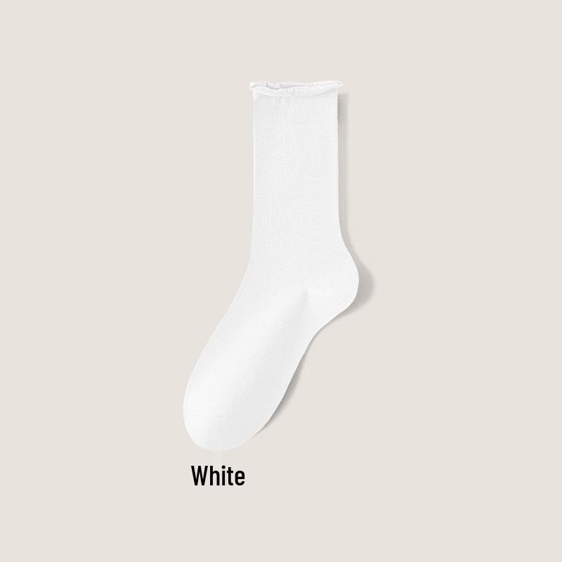 Women's Mid-Calf Cotton Socks: Spring/Autumn Style, Solid Color, Rolled Cuff, Loose Fit, Breathable, Sweat-Absorbent.