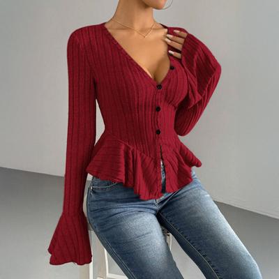 Dámské topy Slim Fit Výstřih do V Rozšířený dlouhý rukáv Volánkový detail Pletené topy Jednobarevné Zapínání na knoflíky Zimní svetr