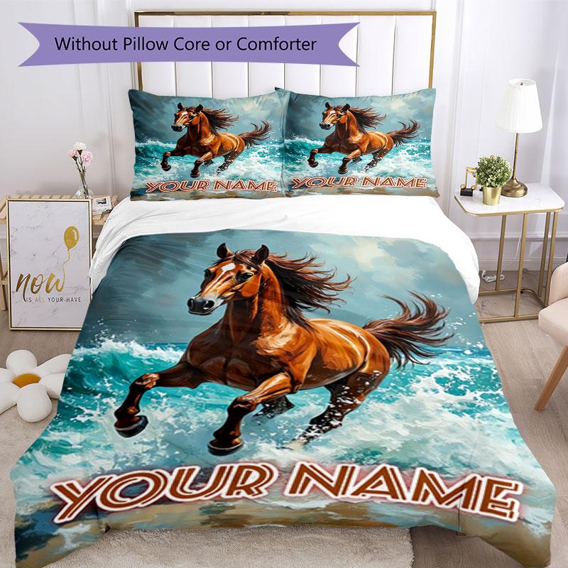 3PC Custom Name Horse Waves Bedding Set Duvet Cover Closure Includes 1 Duvet Cover & 2 Pillowcases for Bedroom