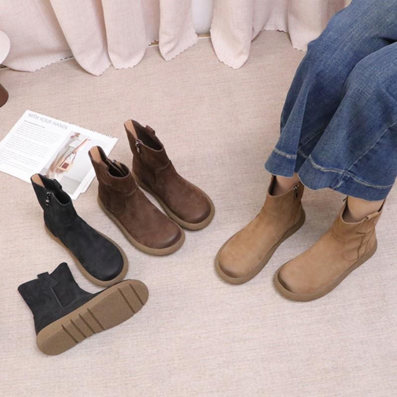 Johnature Versatile Solid Color Short Boots Retro Genuine Leather Round Toe Flat Women's Shoes