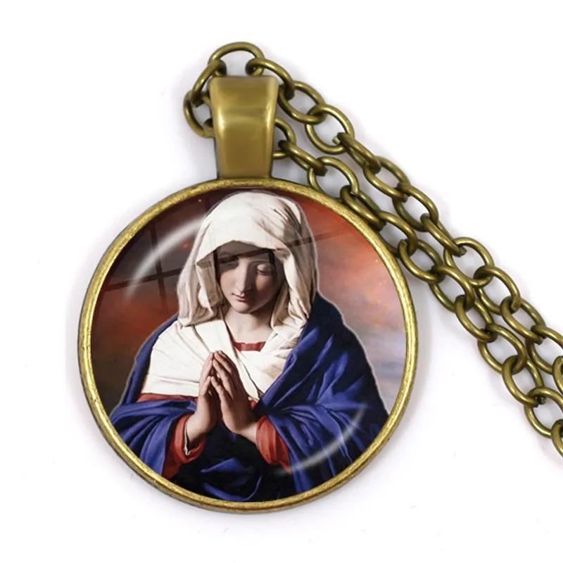 Virgin Mary and Baby Jesus Christian Catholicism Jewelry Necklace Blessed Mother Religious Art Glass Cabochon Dome Pendant Gift