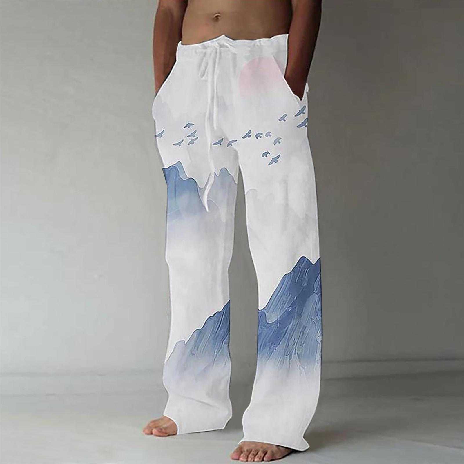 

Мужские повседневные свободные и удобные повседневные брюки, хлопковые льняные брюки с принтом на шнуровке S