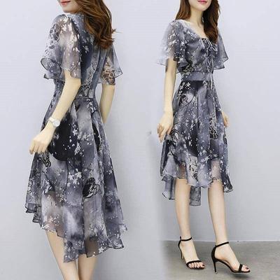 Women Chiffon Print Dress Spring Office Lady V-Neck Flare Sleeve Slim Knee-Length Female Summer Clothes