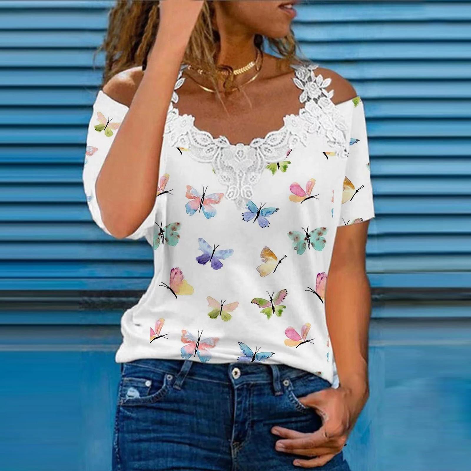 

Модная женская футболка с v-образным вырезом и кружевным ремнем, повседневные свободные топы с короткими рукавами и принтом XXXL