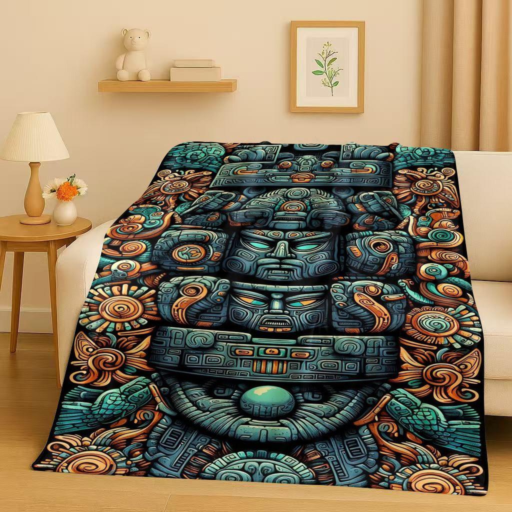 Retro Aztec Totem Maya Mask Sun God Flannel Blanket,Ultra Soft Warm Plush Throw for Home Bedroom Bed Sofa Cover Office Gift Kids
